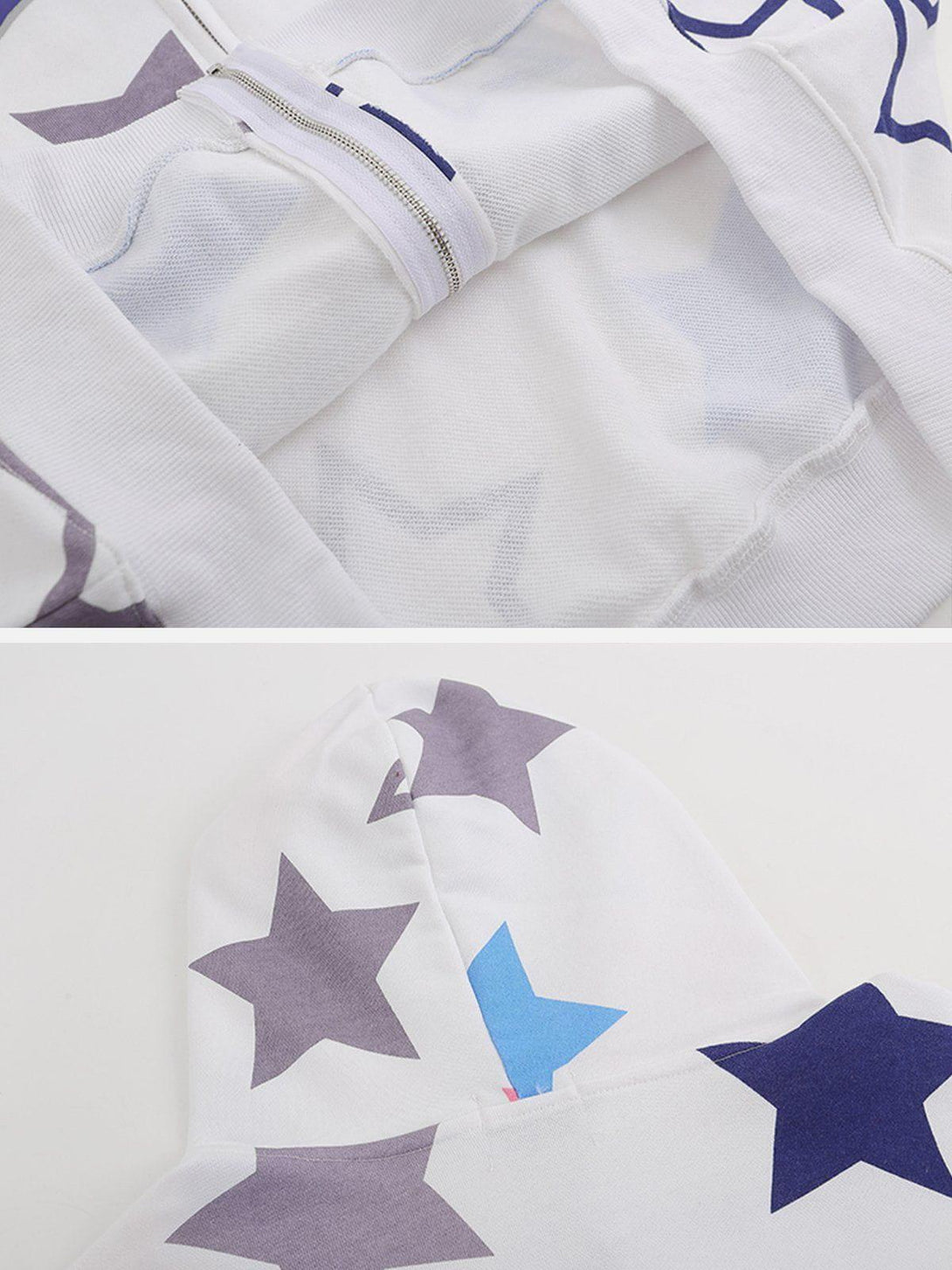 Intricate look at TALISHKO star print hoodie, highlighting the zipper and hood details.