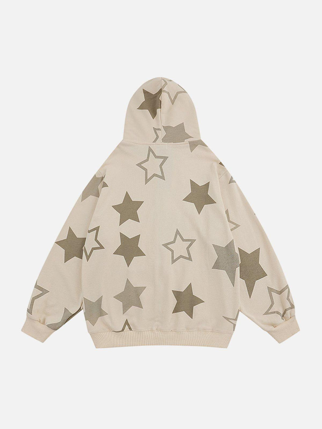 Back view of TALISHKO star print hoodie featuring a bold pattern on a neutral background.