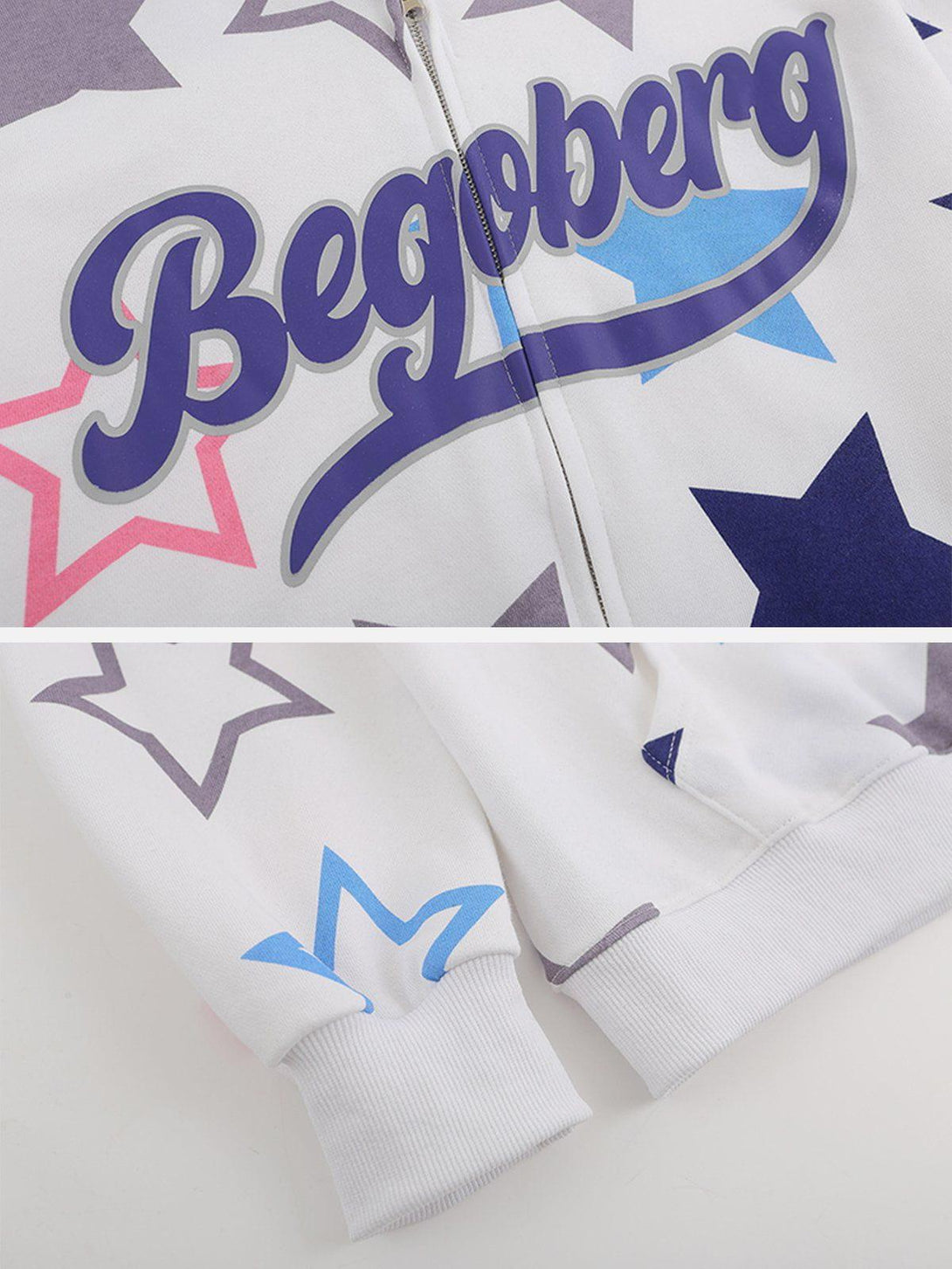 Zoomed-in view of star print details on TALISHKO hoodie, highlighting vibrant colors and design.
