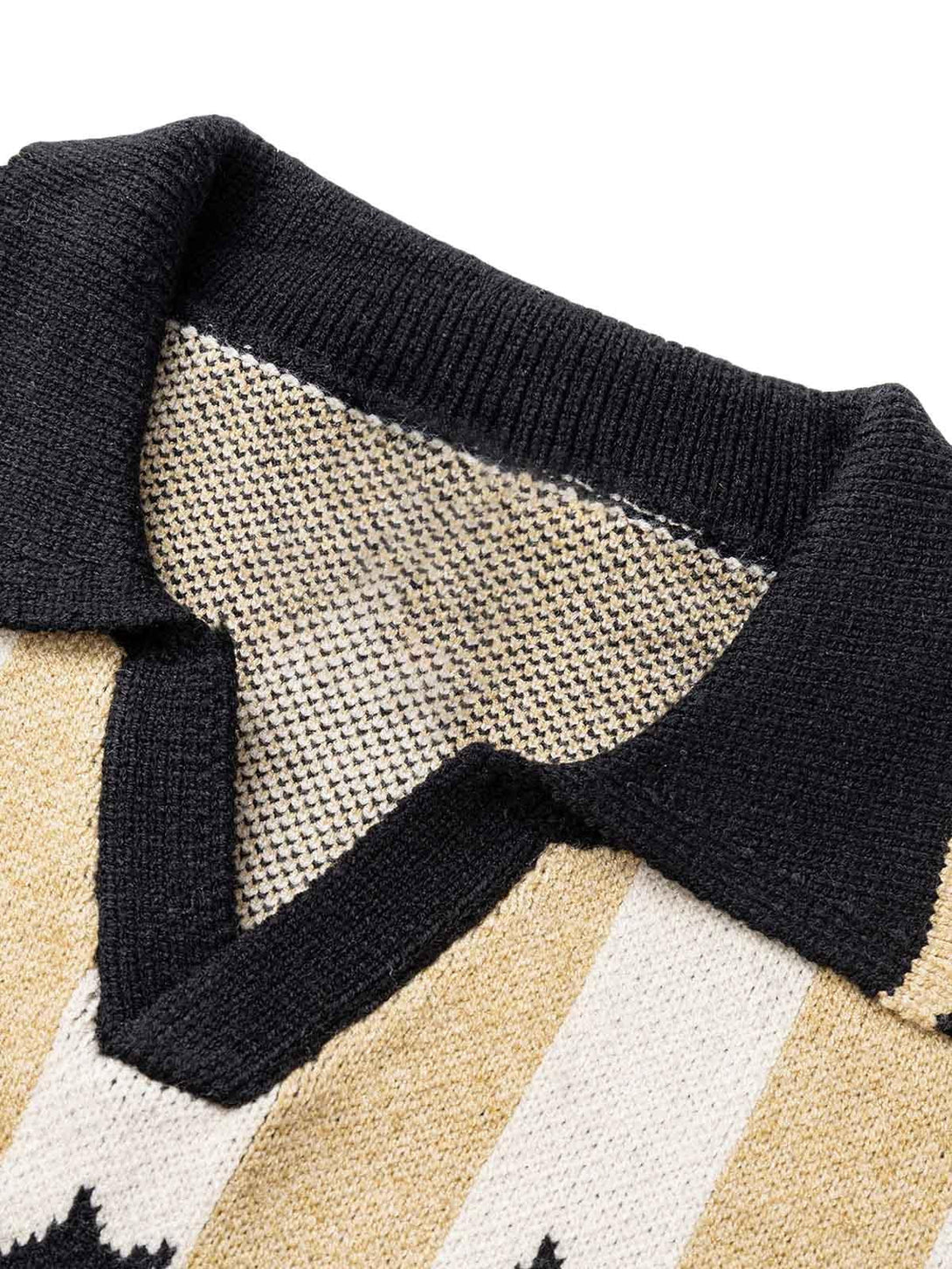 Detailed view of a TALISHKO rugby sweater collar, highlighting contrasting textures and stripes.