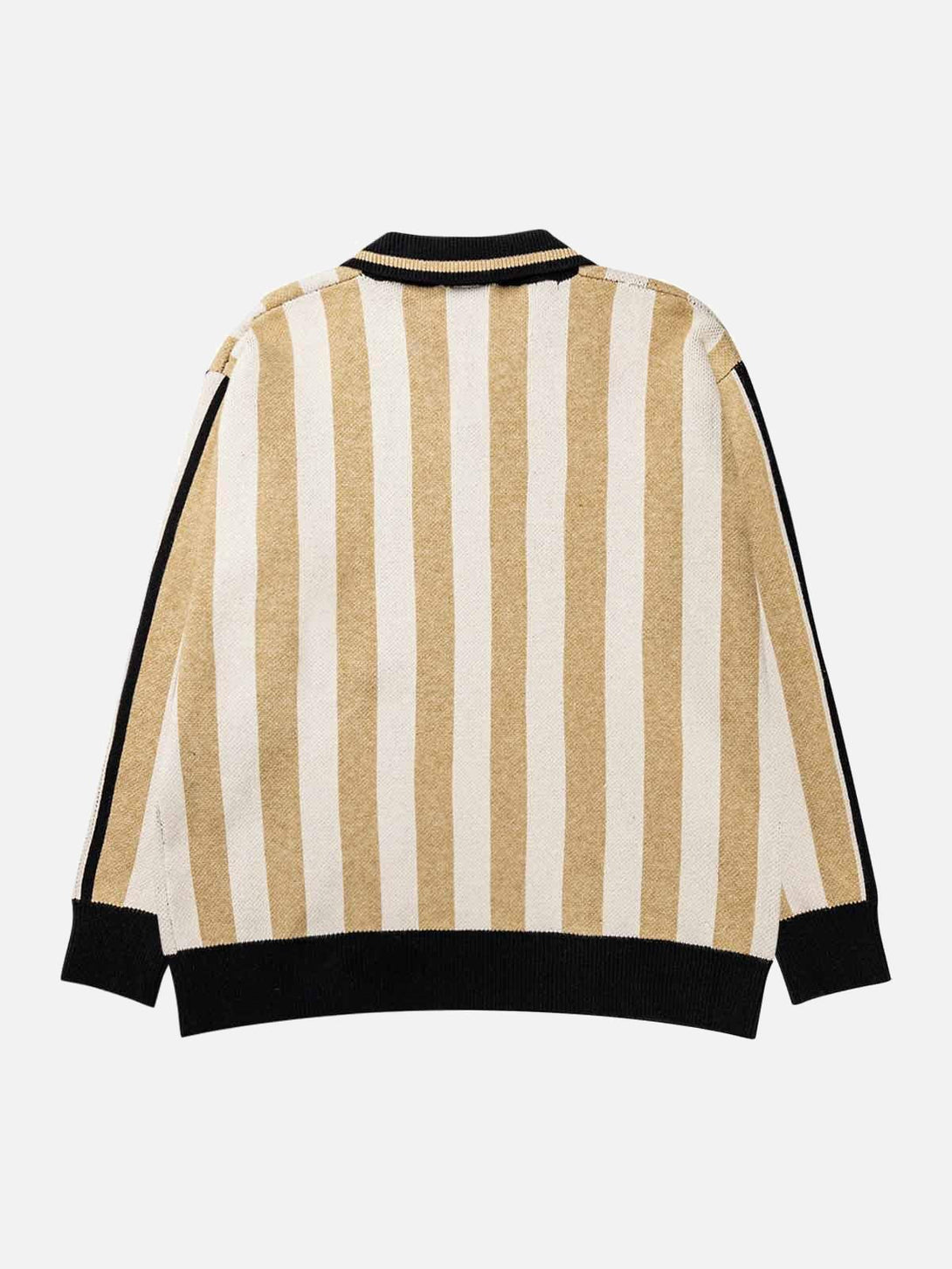 Back view of a cream and beige striped sweater by TALISHKO, featuring a classic rugby style.