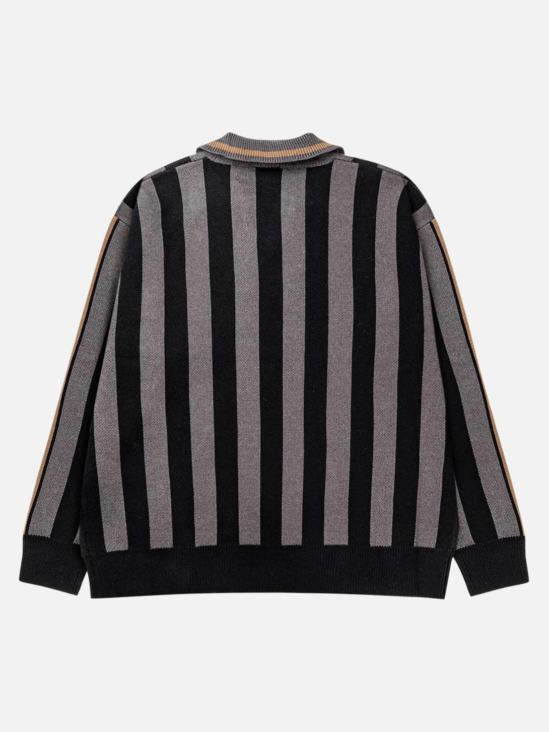 Back view of a striped sweater by TALISHKO, showcasing bold black and gray vertical patterns.