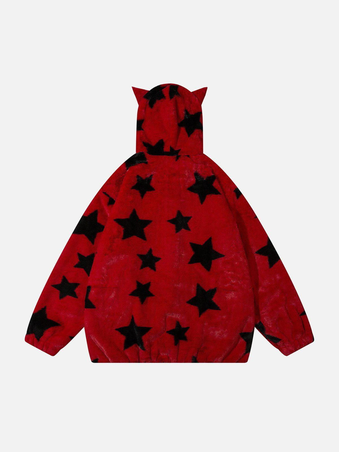 TALISHKO's hoodie features black stars on vibrant red fabric with playful ear details on the hood.