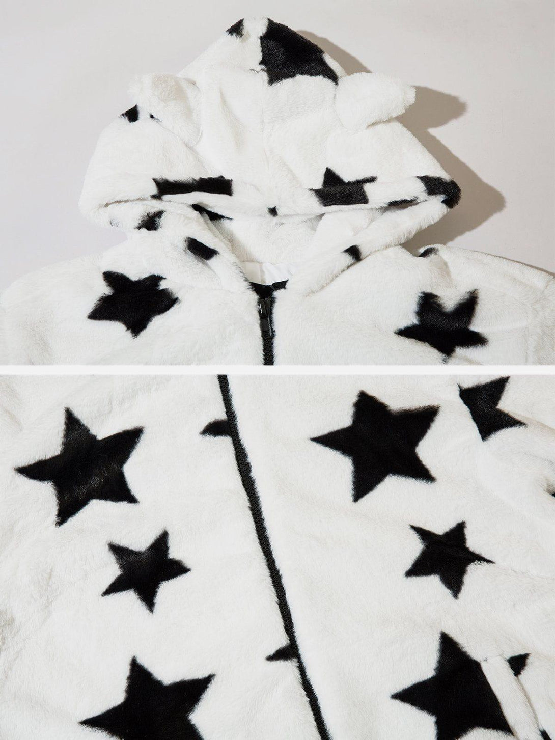 A close-up of TALISHKO's hoodie reveals black stars on soft white fabric with playful ear accents.