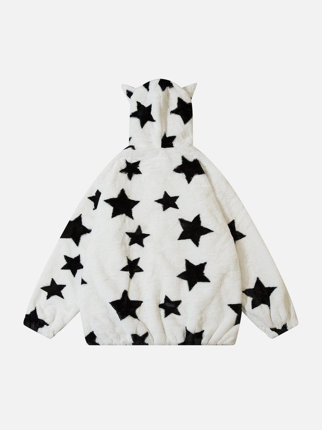 TALISHKO's hoodie showcases black stars on soft white fabric with playful ear details on the hood.