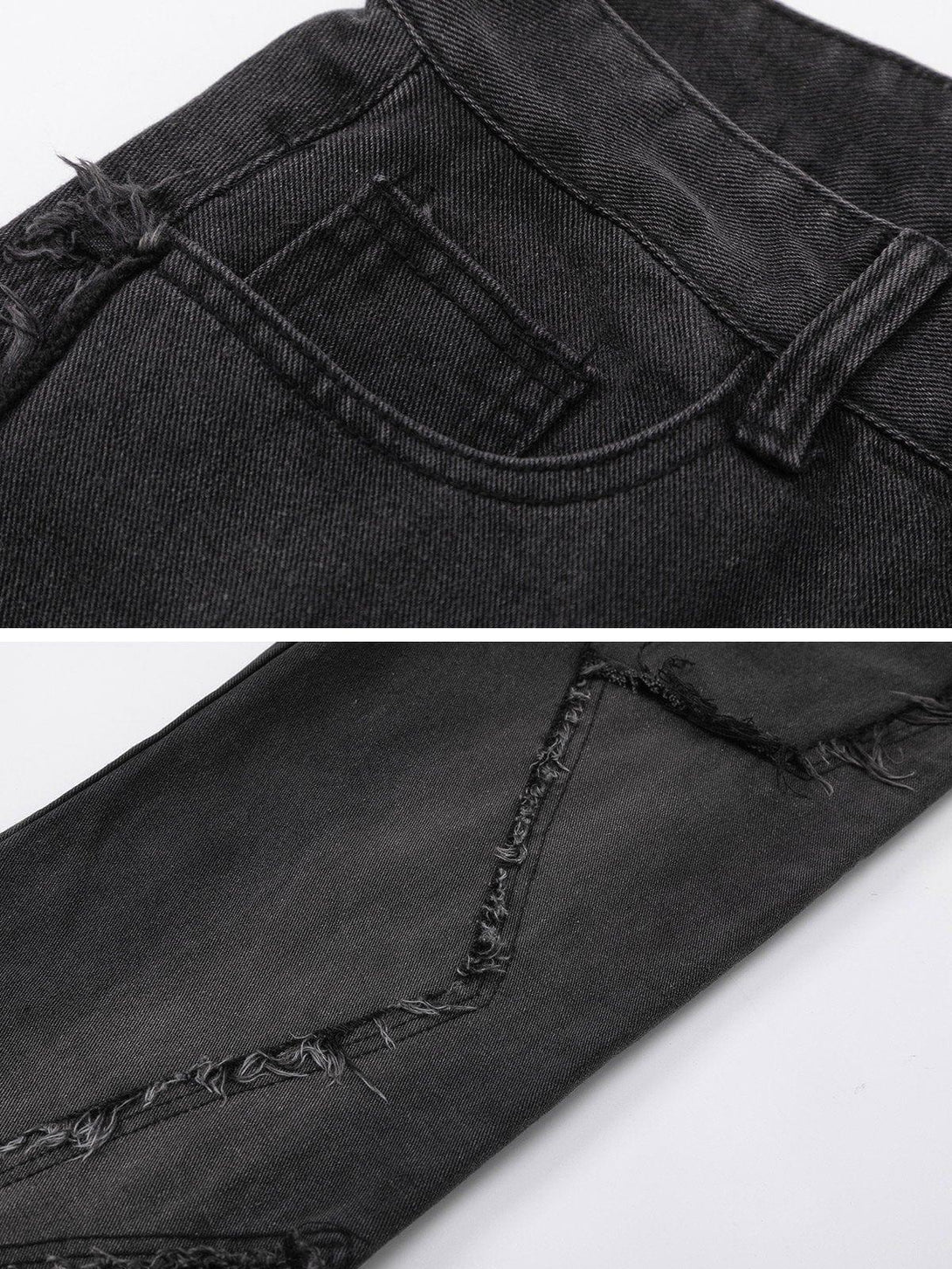 Detailed view of TALISHKO jeans with raw edge splicing and star pattern on dark fabric.