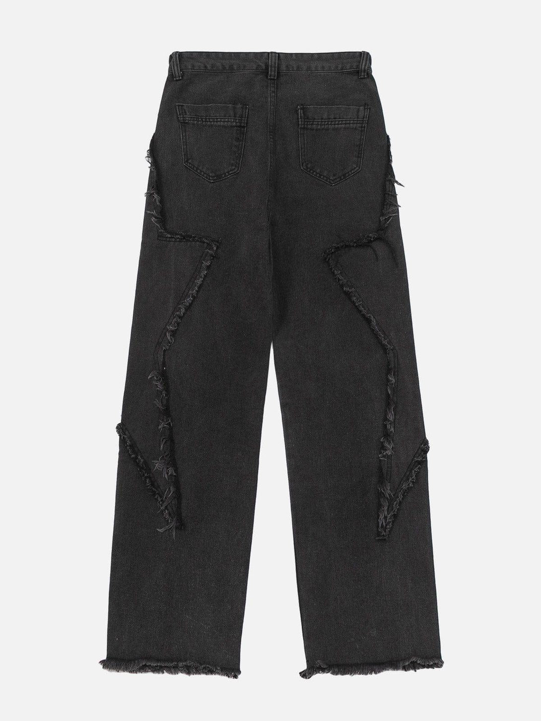 TALISHKO jeans featuring star-shaped raw edge splicing, back view highlighting unique design.