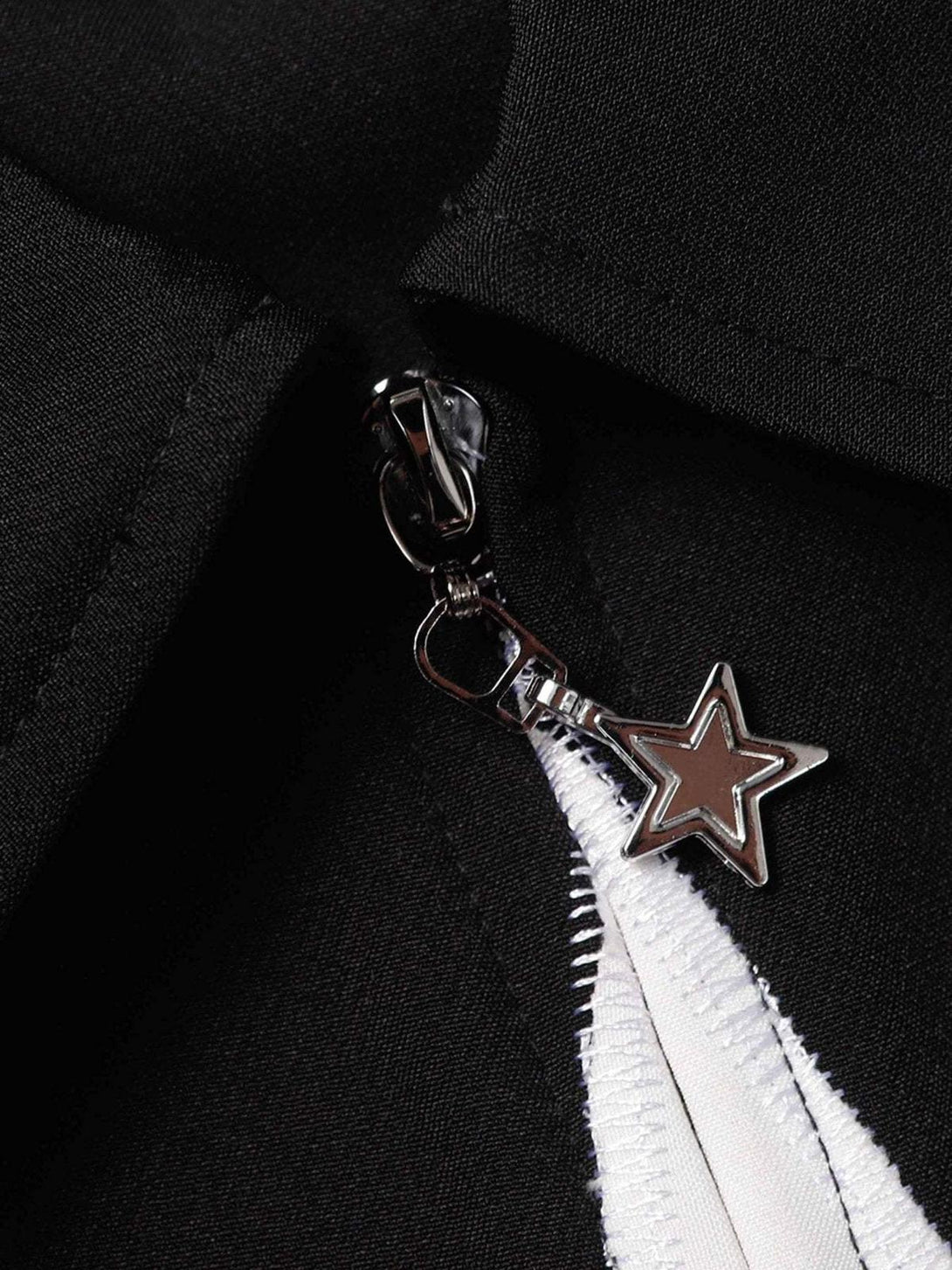 A detailed look at TALISHKO's black star zipper detail, showcasing unique craftsmanship.