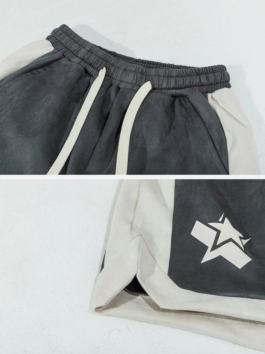Detailed view of TALISHKO suede shorts featuring contrasting trim and star design.