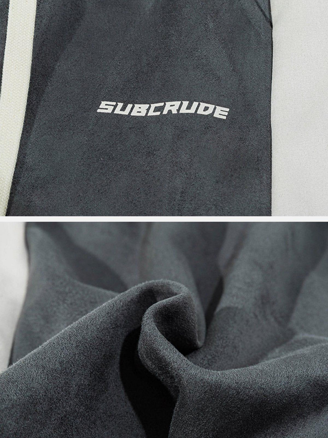A close-up of TALISHKO suede shorts, showcasing the soft gray fabric and subtle texture detail.
