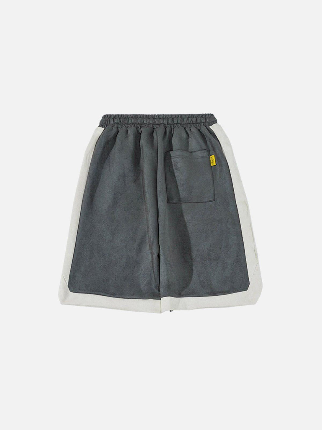 Rear view of TALISHKO suede shorts in gray, featuring a pocket and contrasting trim.