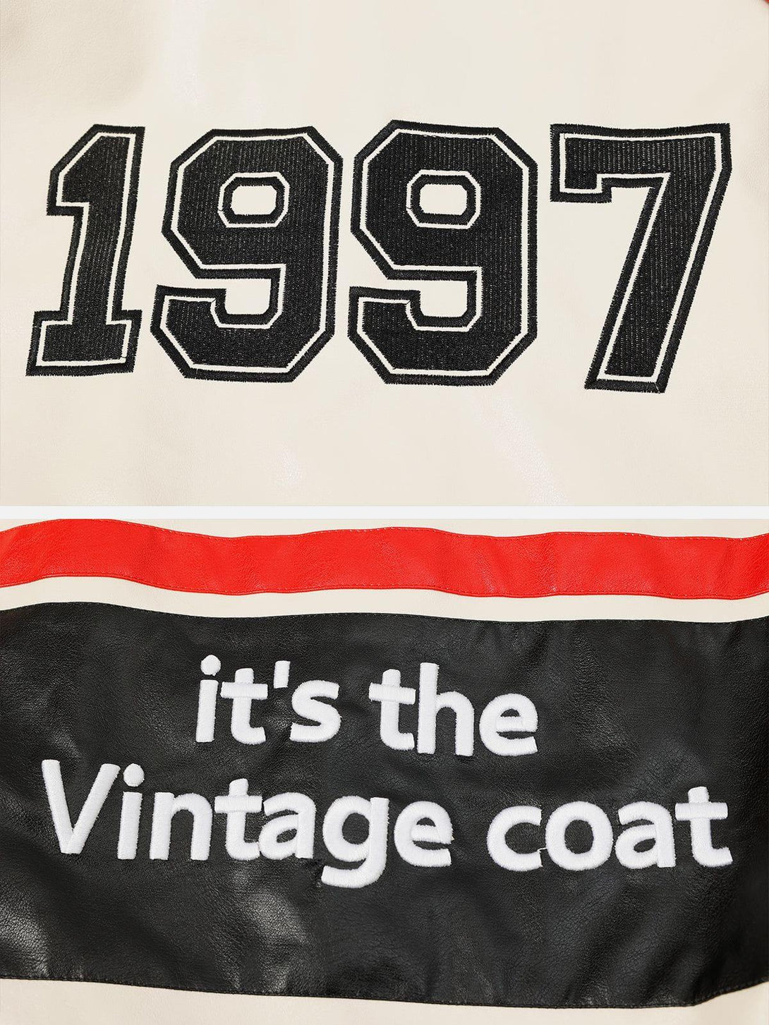 Detailed view of the TALISHKO motorcycle jacket, highlighting vintage 1997 graphics and stitching.