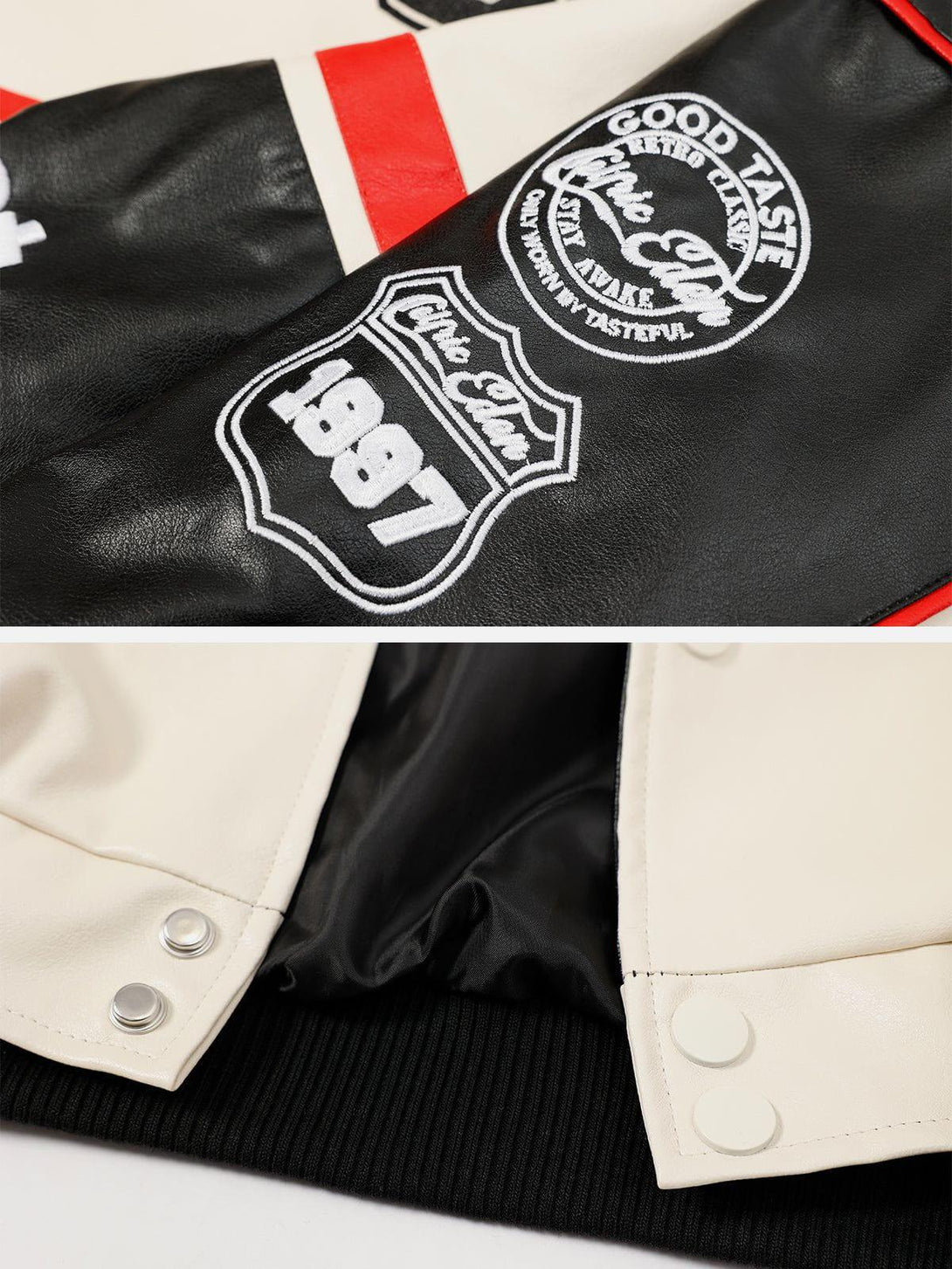 Detailed look at TALISHKO motorcycle jacket featuring bold graphics and button details.