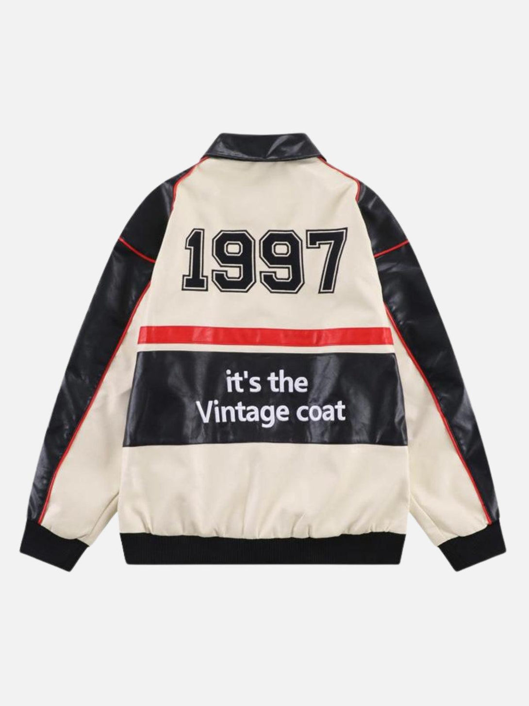 Back view of a vintage-style motorcycle jacket featuring 1997 graphics by TALISHKO.