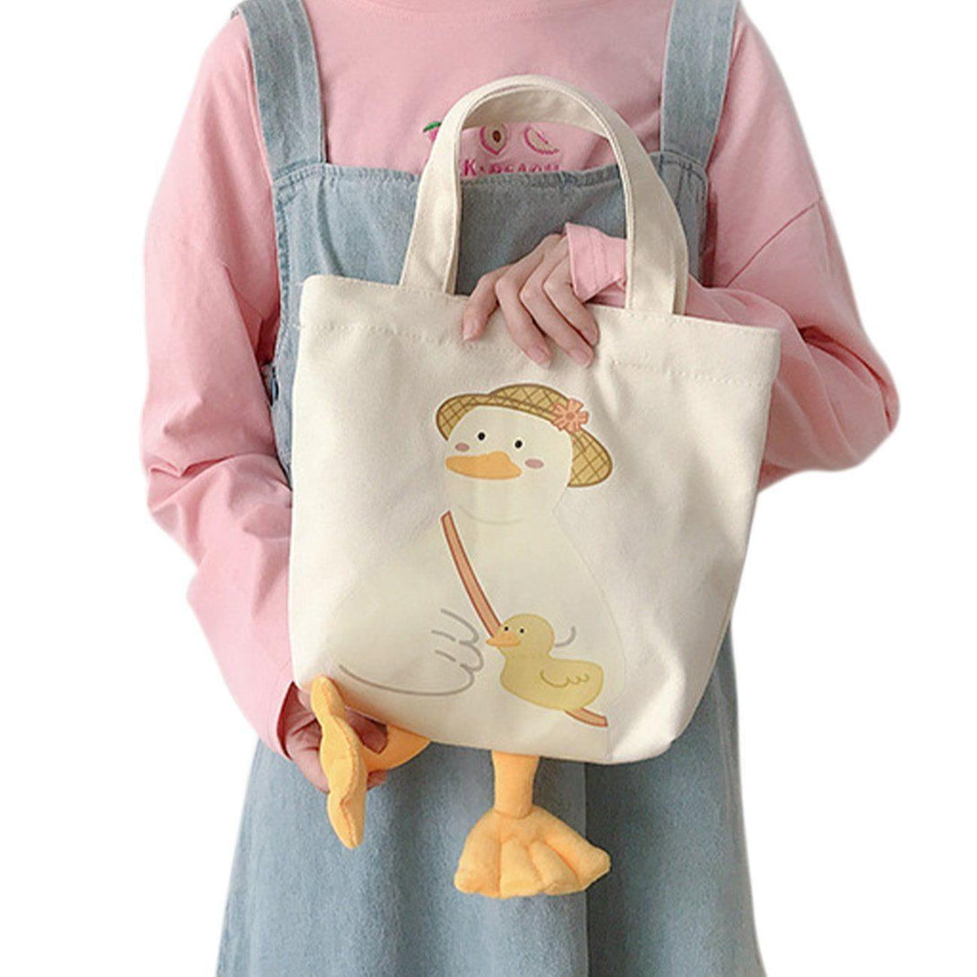 Charming canvas bag with a duck and straw hat design, featuring playful feet by TALISHKO.