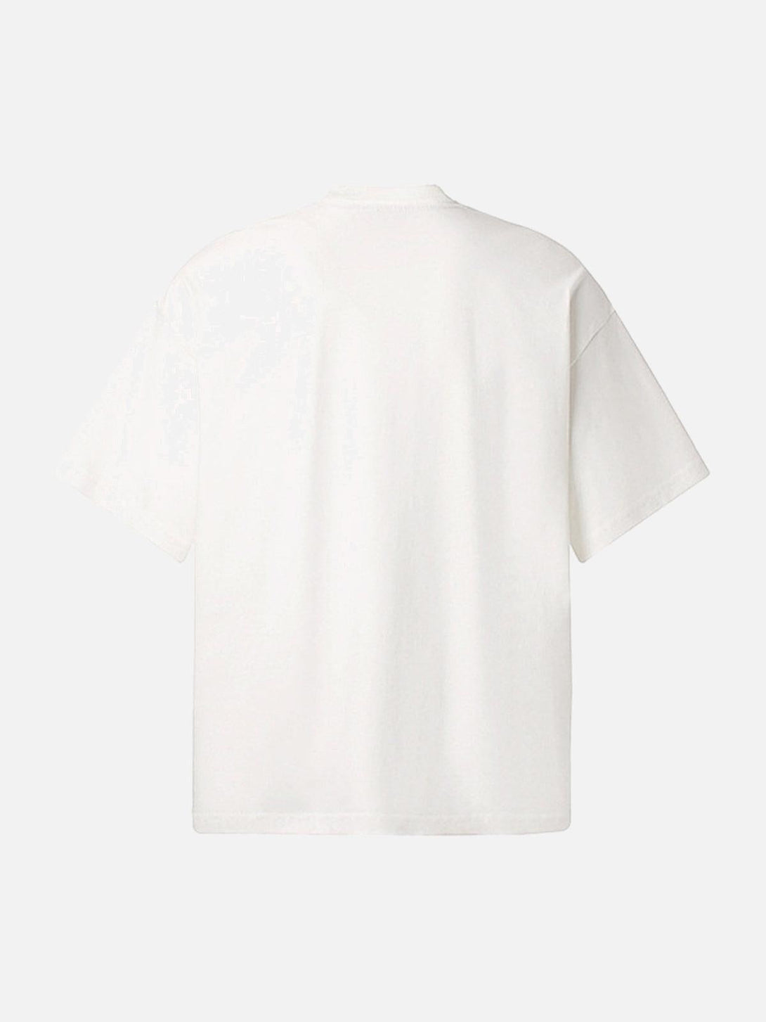 Back view of a white graphic T-shirt by TALISHKO, perfect for casual streetwear.
