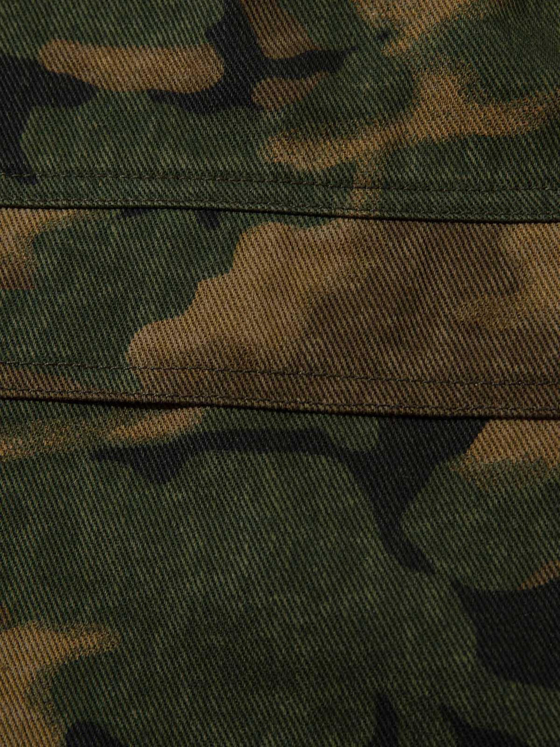 Focusing on the textured fabric and stitching of TALISHKO camouflage cargo pants.