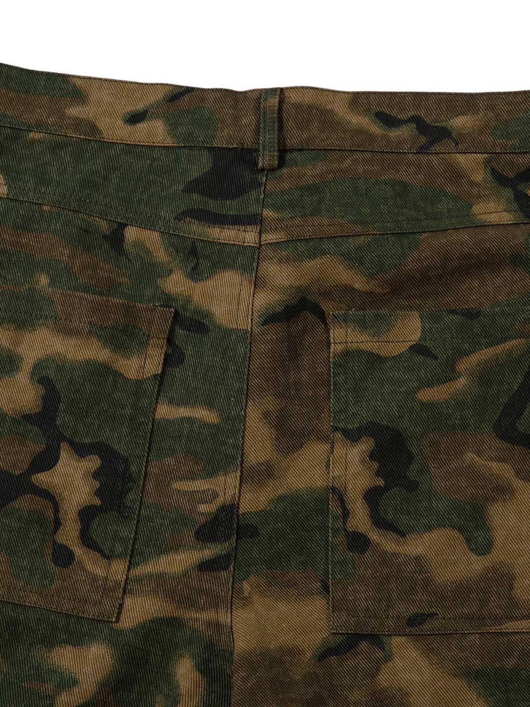 Close-up of the back of TALISHKO camouflage cargo pants, featuring detailed pocket design.