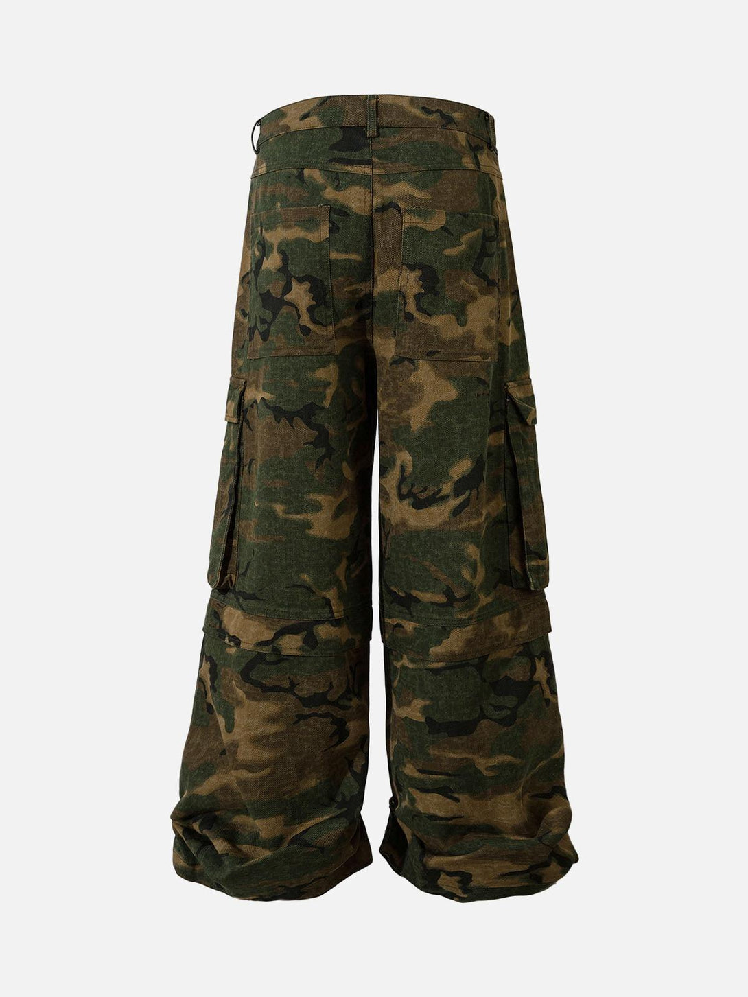 Back view of TALISHKO camouflage cargo pants showcasing multiple pockets and rugged style.