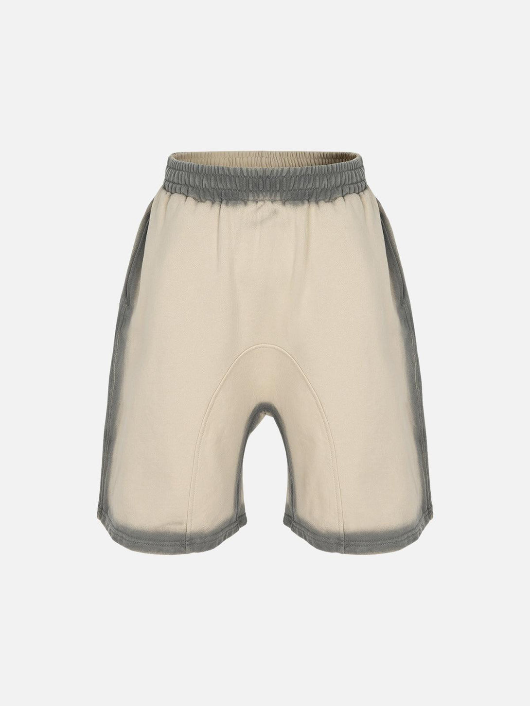 TALISHKO's beige and gray street cleanfit drawstring shorts showcasing front design.