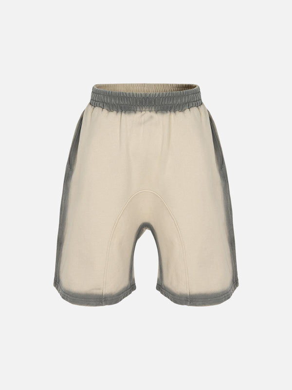 TALISHKO's beige and gray street cleanfit drawstring shorts showcasing front design.