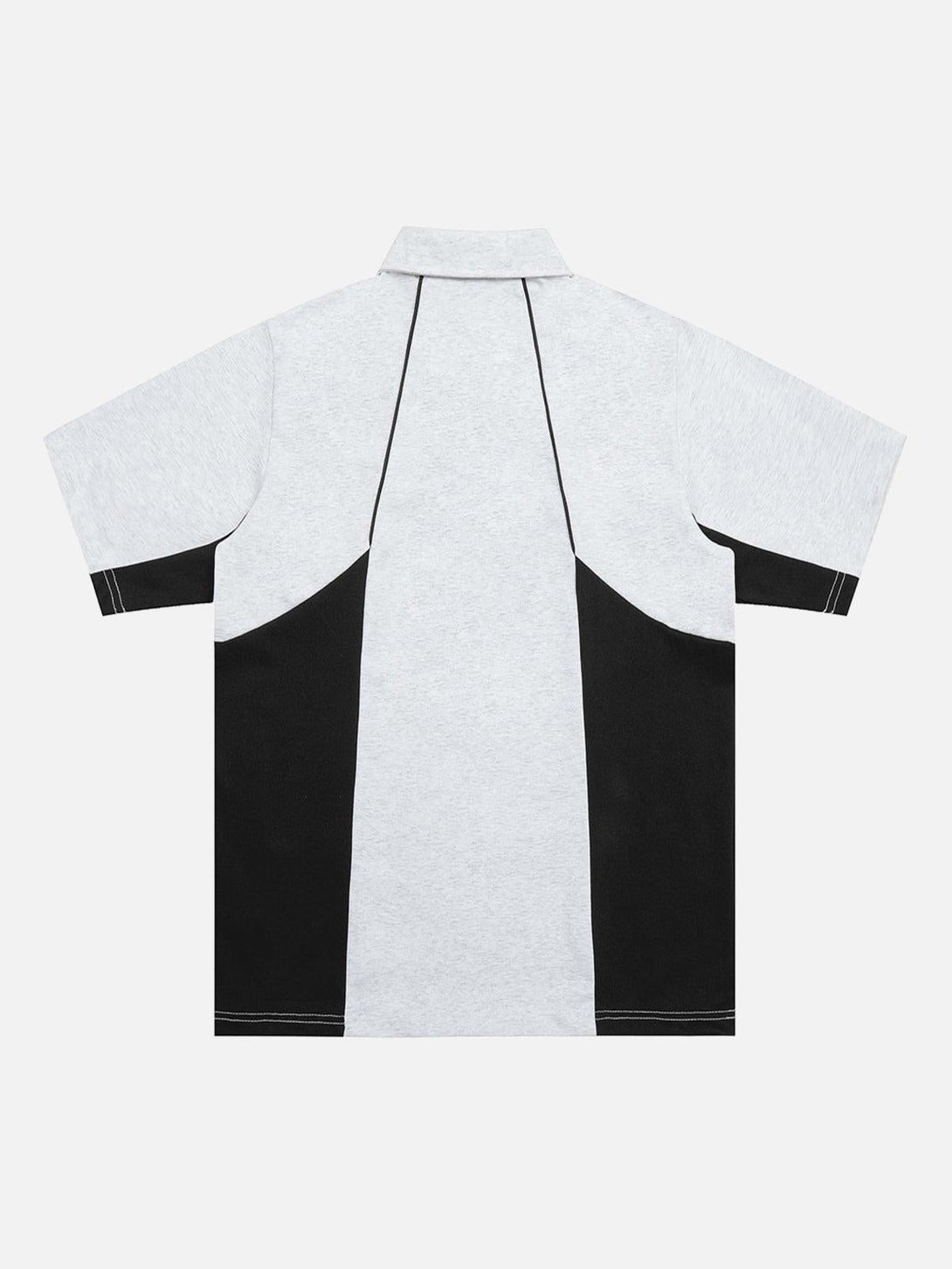 Back view of a street-style contrast panel polo shirt by TALISHKO, featuring a sleek design.