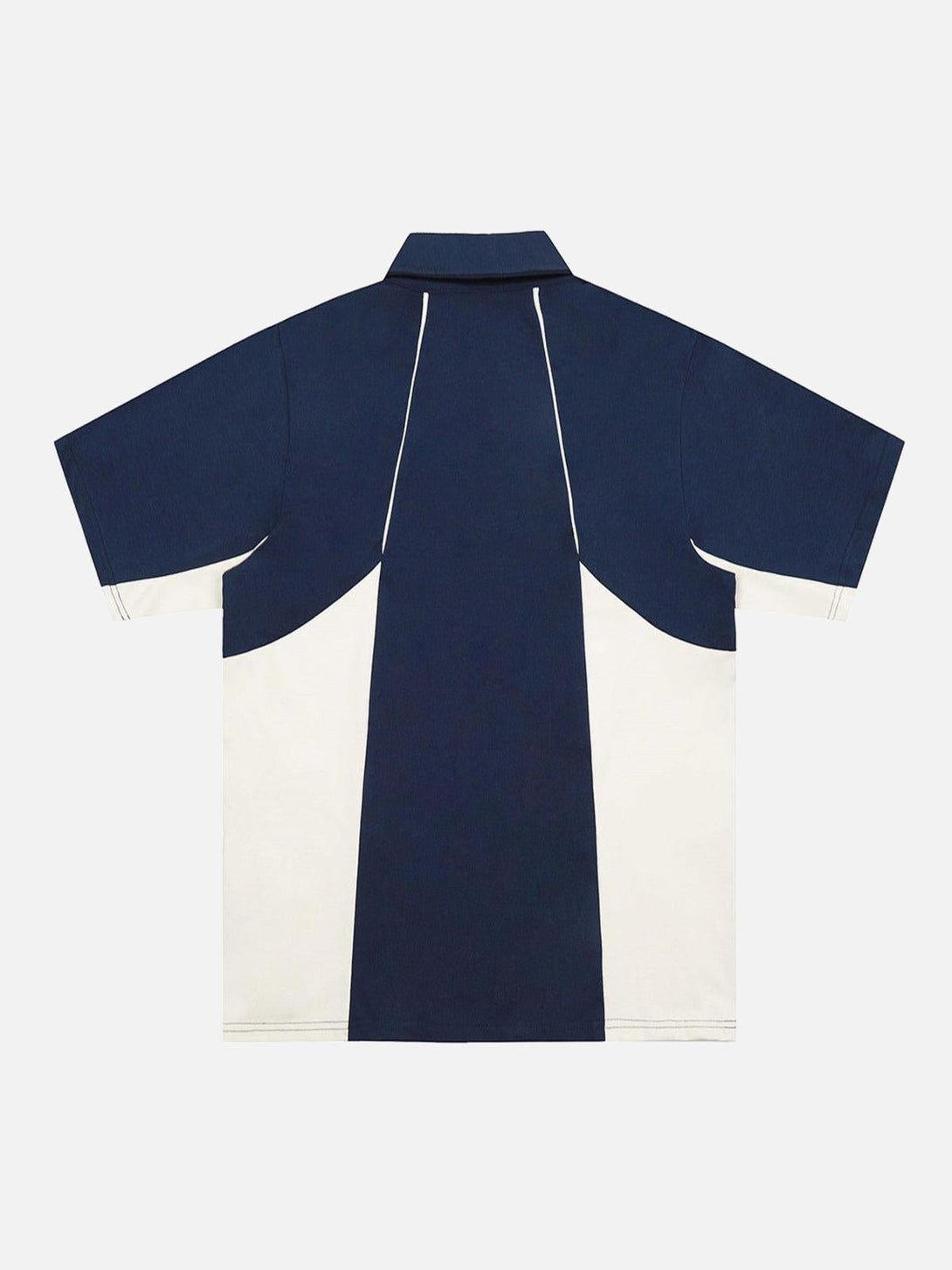 Back view of a navy and white contrast panel polo shirt by TALISHKO, highlighting urban fashion.