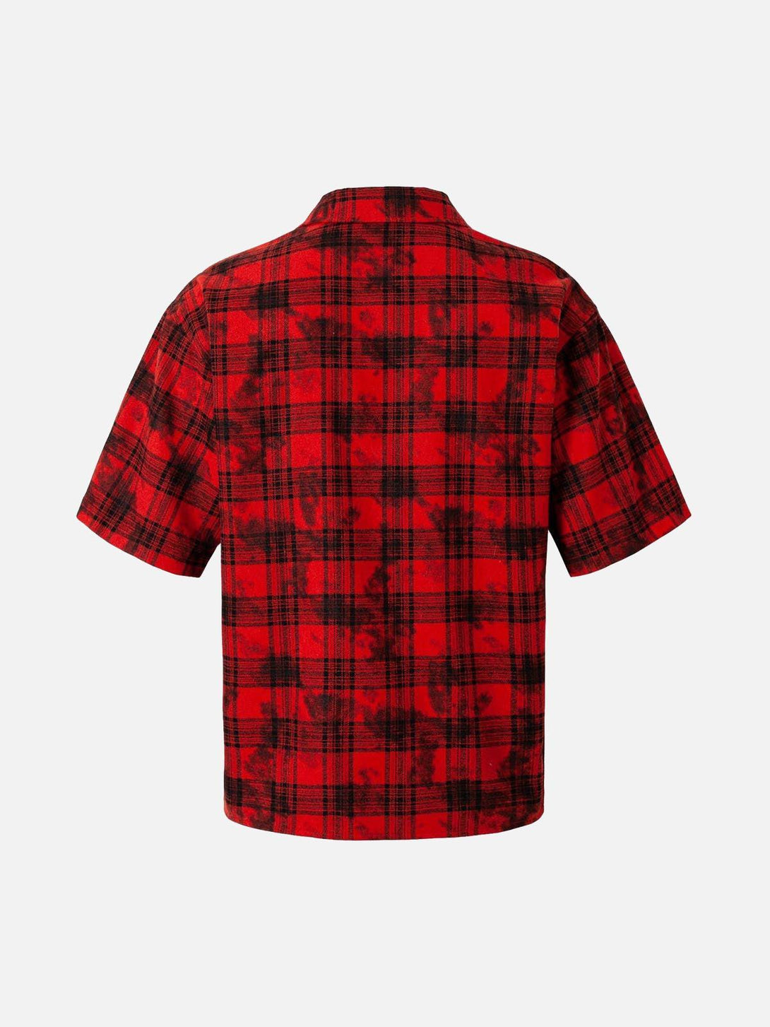Back view of a red plaid shirt by TALISHKO, featuring a street-inspired design.