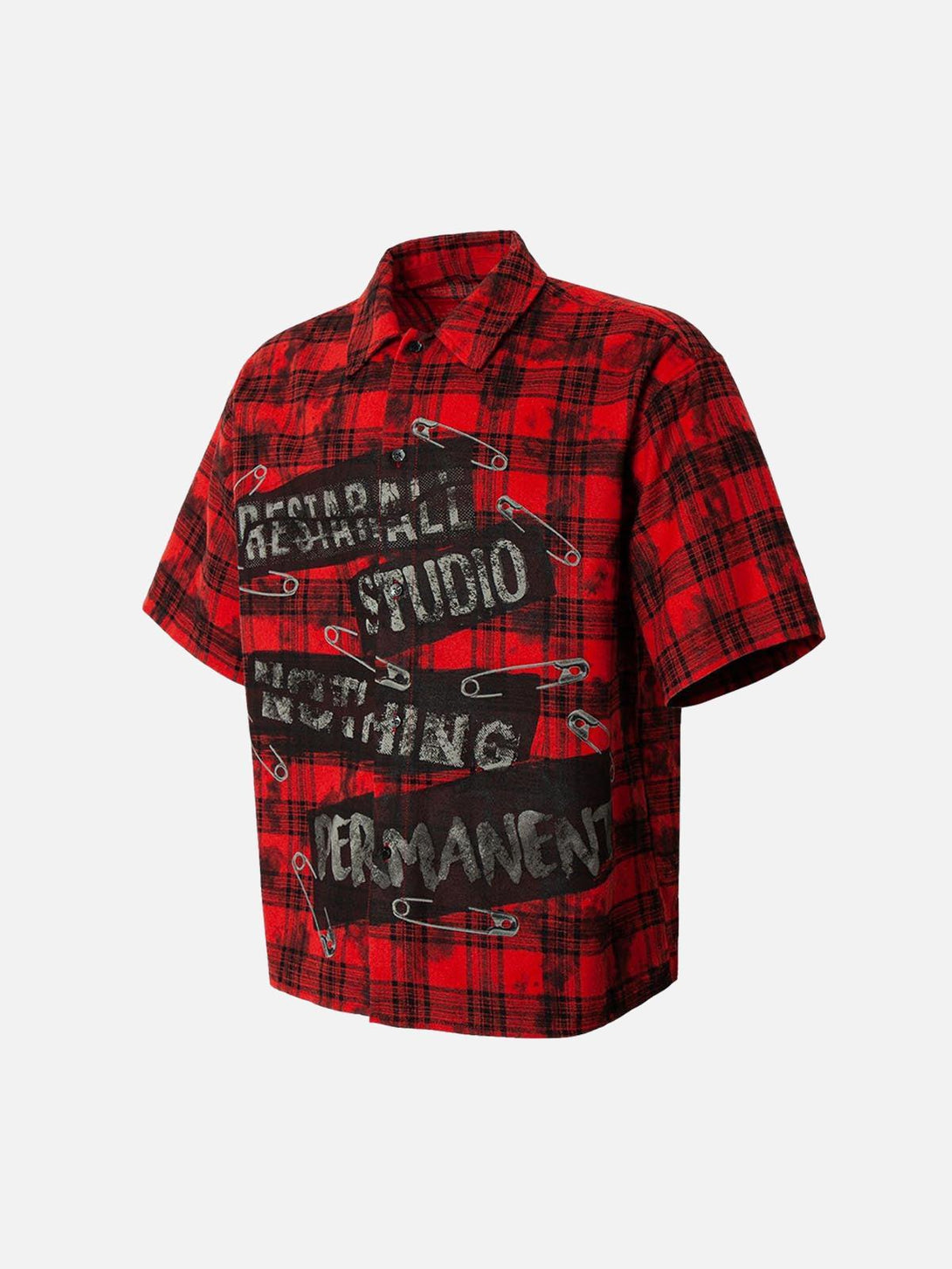 Red plaid shirt with graphic details and safety pins, side view by TALISHKO.
