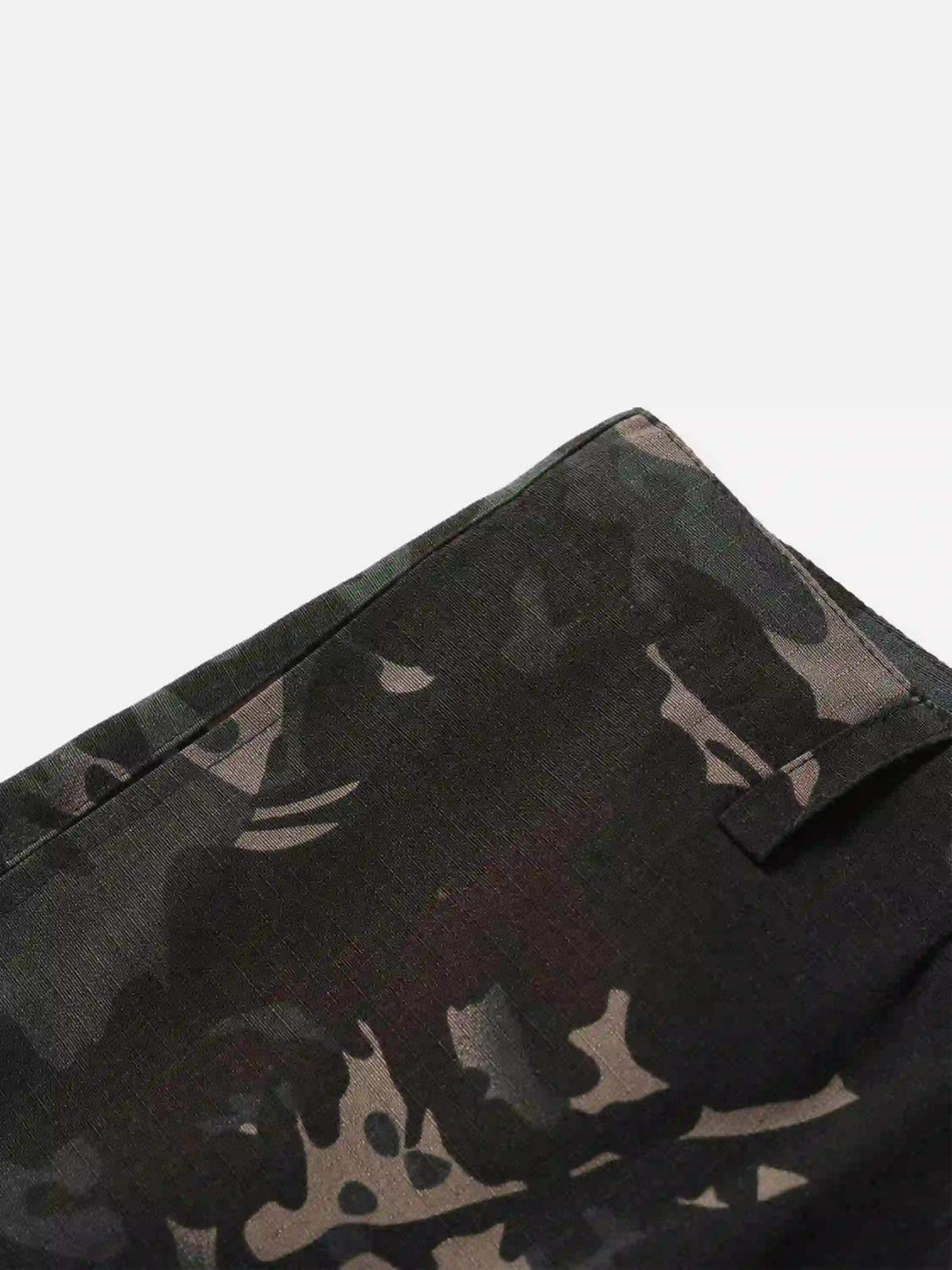 Intricate look at TALISHKO cargo pants, showcasing dark camouflage pattern and sleek design.