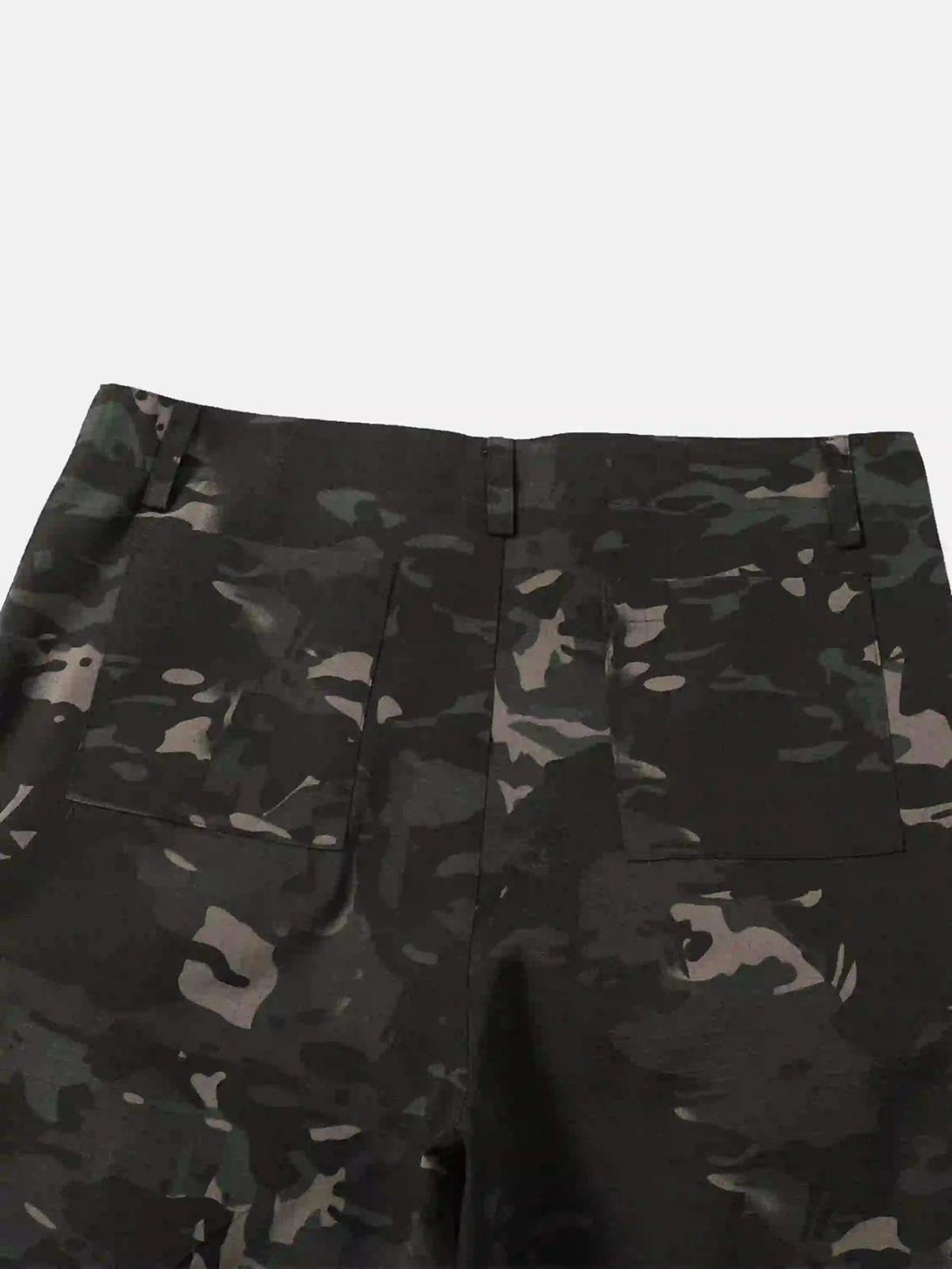 Back detail of TALISHKO camouflage cargo pants, highlighting utility pockets and rugged design.