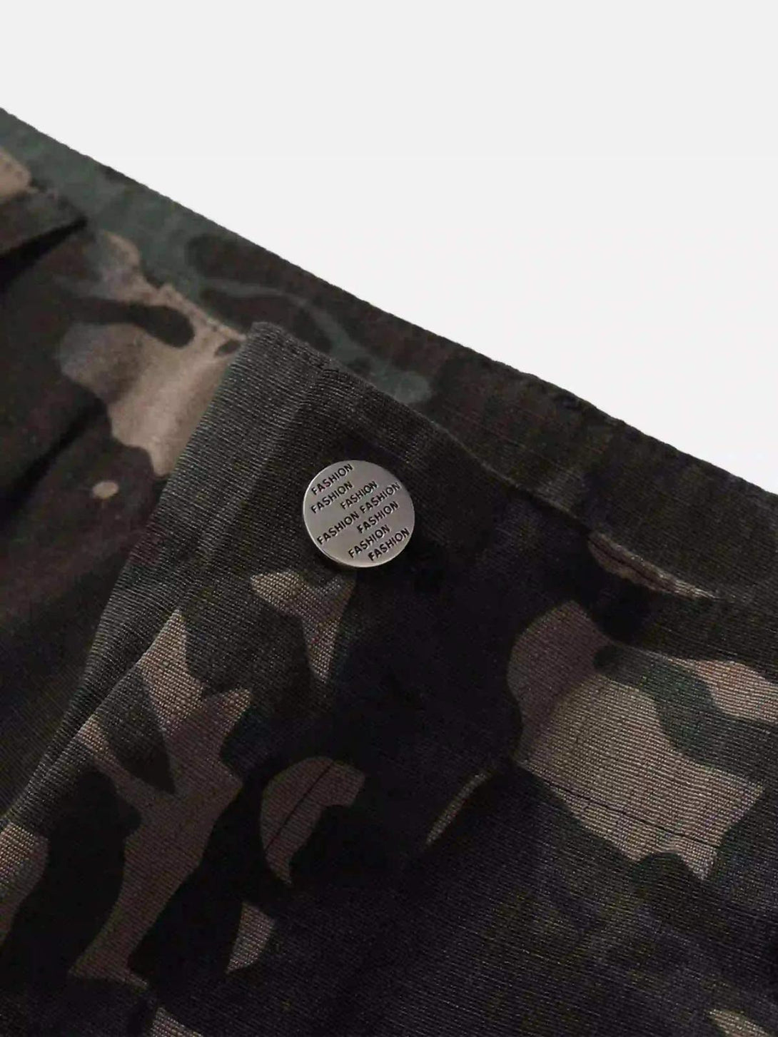 A tight crop highlighting TALISHKO's dark camouflage cargo pants with chic button detail.
