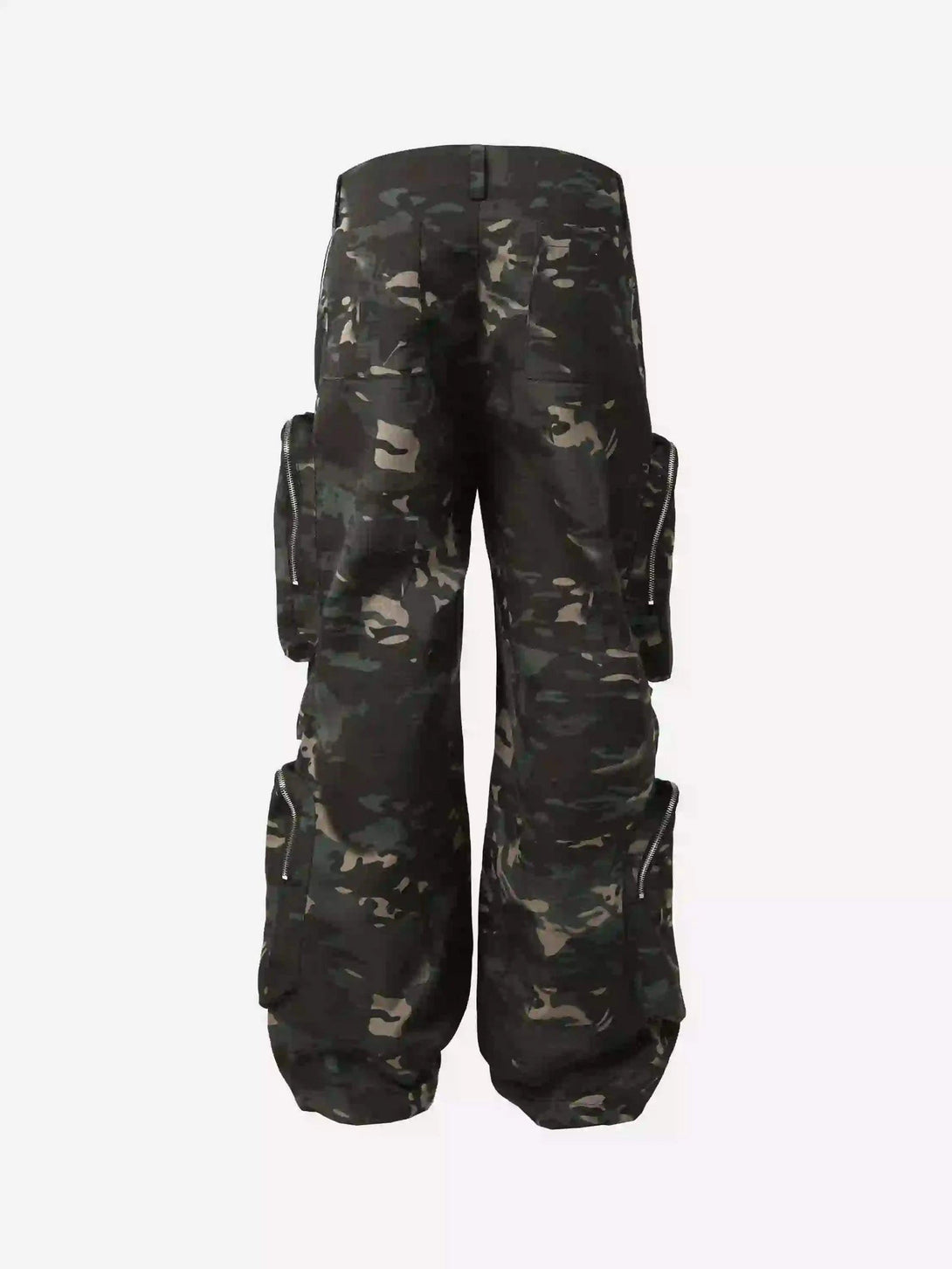 Back view of TALISHKO dark camouflage cargo pants showcasing rugged style and utility pockets.