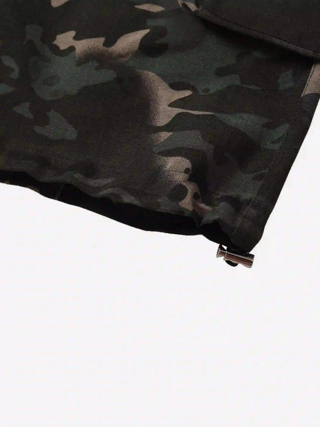 Focusing on the dark camouflage pattern and zipper detail of TALISHKO cargo pants.