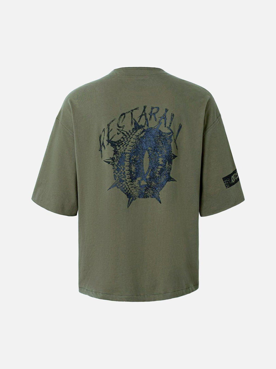 Back view of a TALISHKO graphic T-shirt in olive green, showcasing bold graffiti-style design.