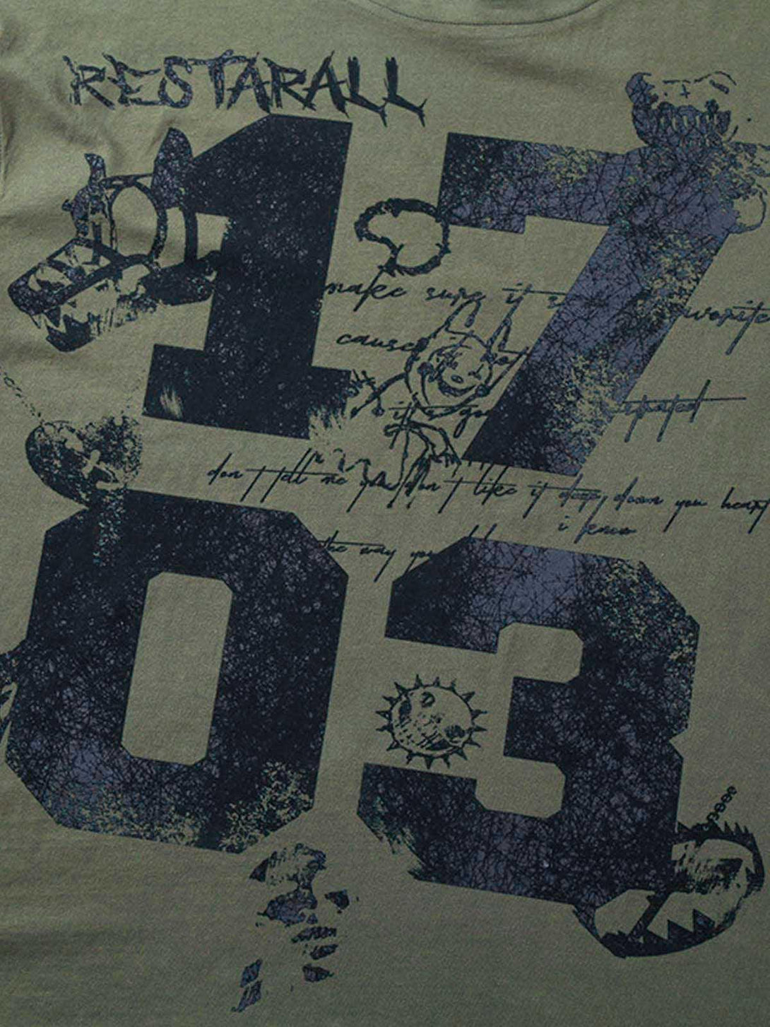 A detailed look at TALISHKO's street-style T-shirt, featuring bold numbers and artistic graphics.