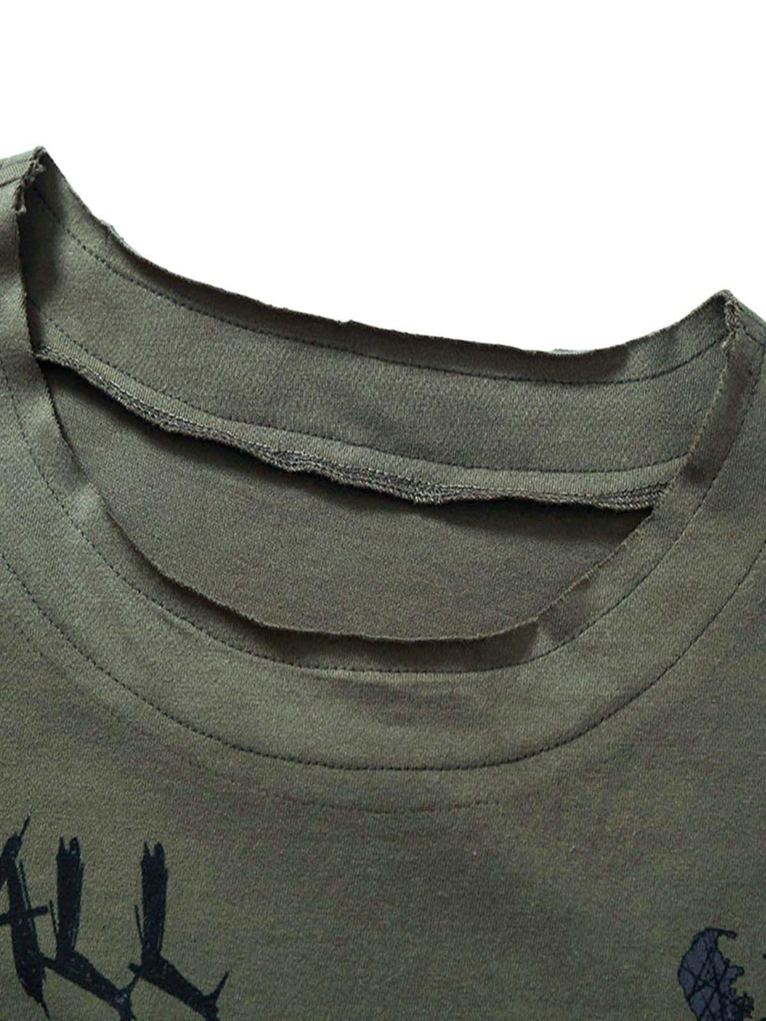 Intricate look at the neckline of TALISHKO's graffiti T-shirt, highlighting its unique design.