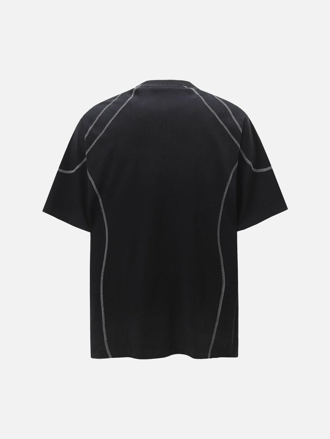 Back view of TALISHKO street T-shirt showcasing unique seam detailing in a classic black style.