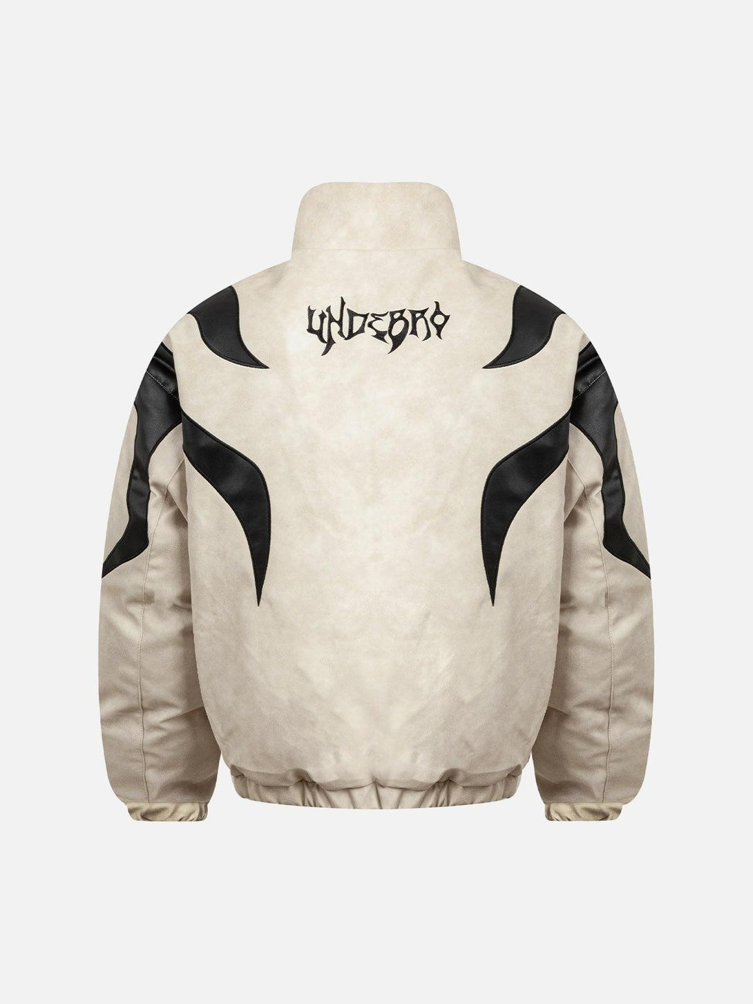 Back view of TALISHKO's beige suede puffer jacket with bold flame embroidery details.