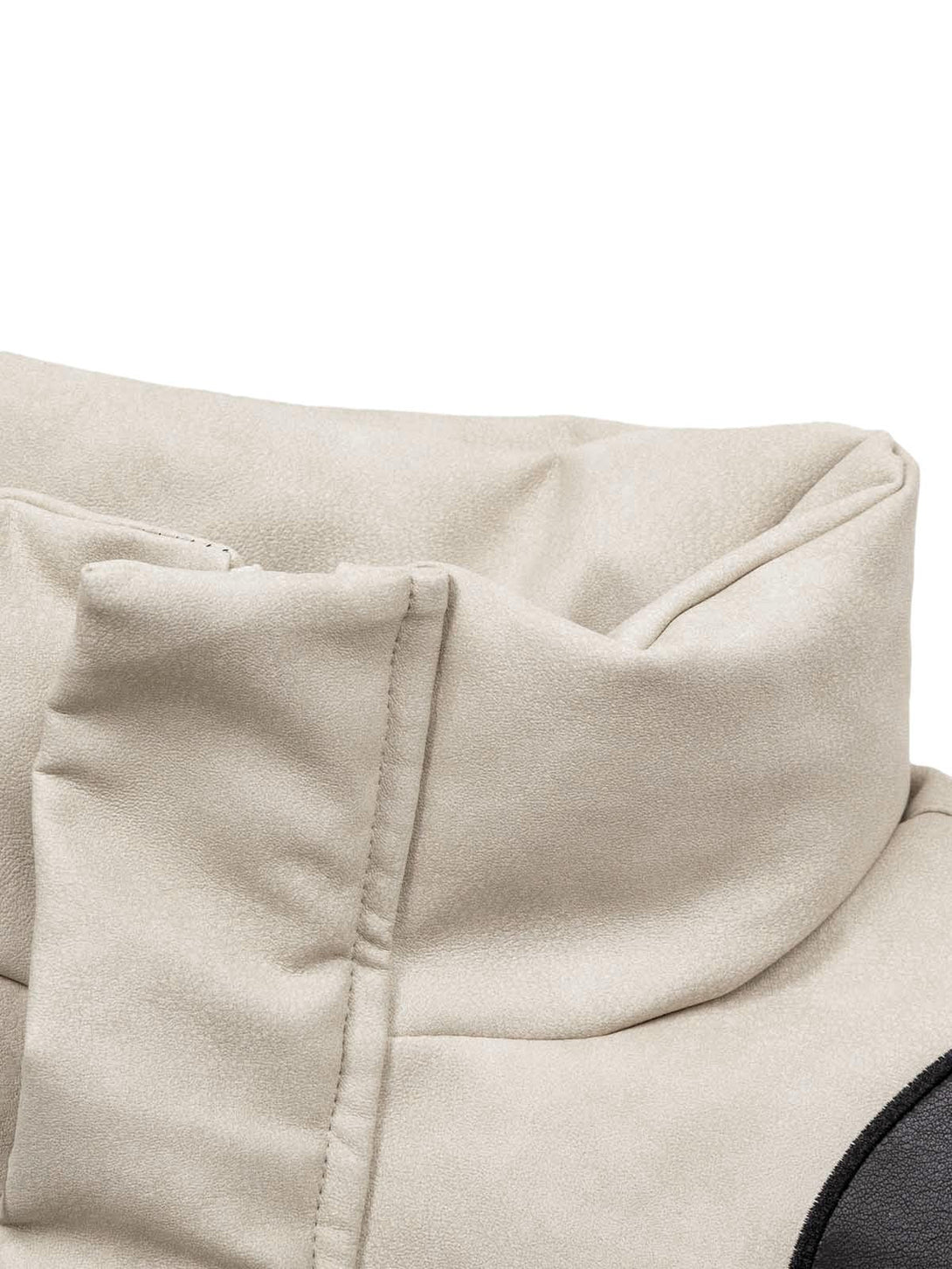 Intricate look at the padded collar of TALISHKO's suede puffer jacket, highlighting texture.