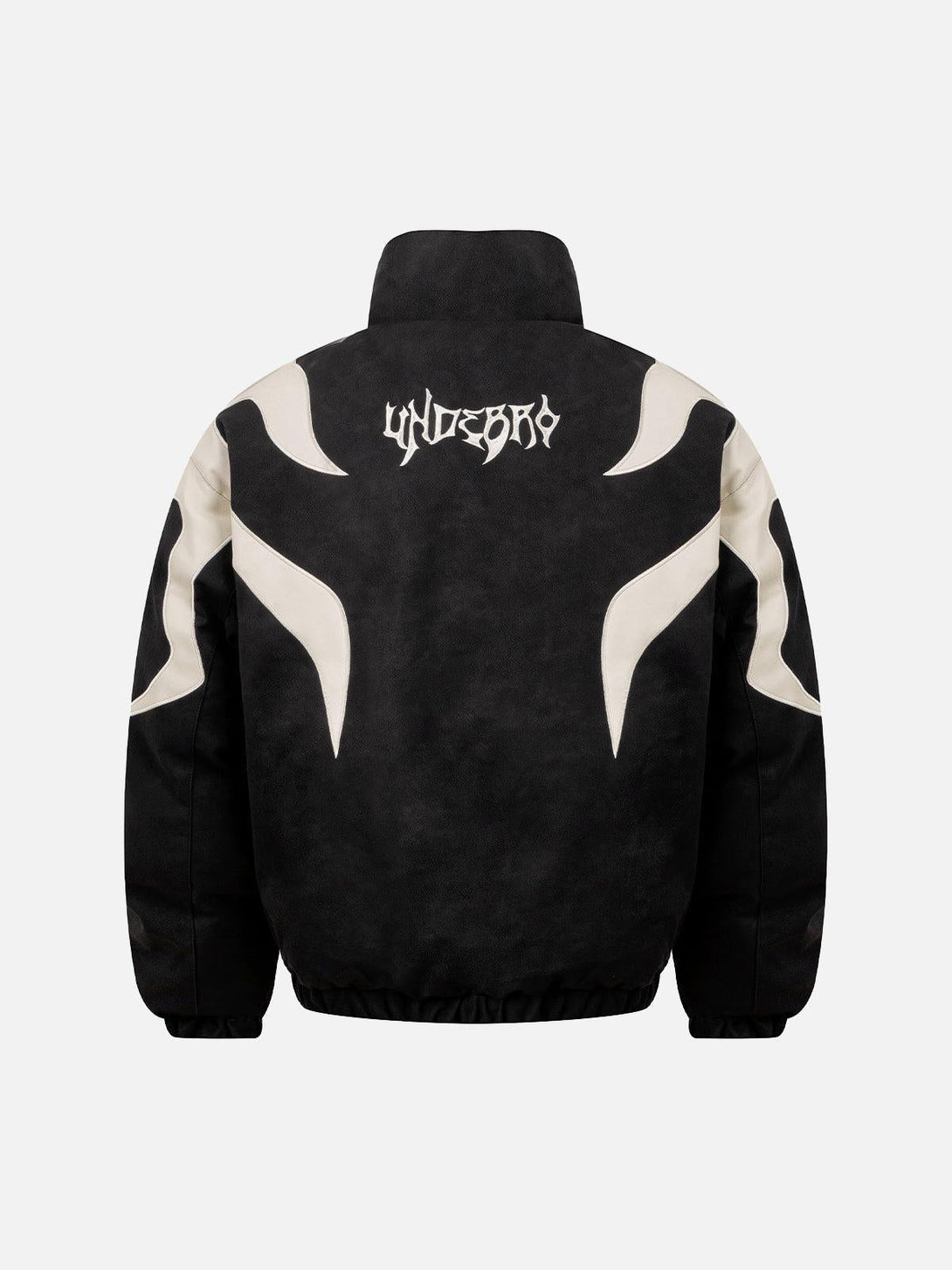 Back view of a suede padded puffer jacket by TALISHKO, showcasing flame embroidery design.