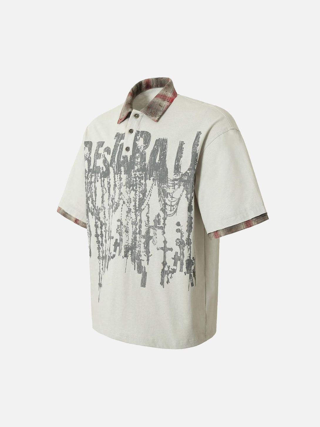 Side view of TALISHKO polo shirt with graffiti design and plaid collar for a streetwise look.