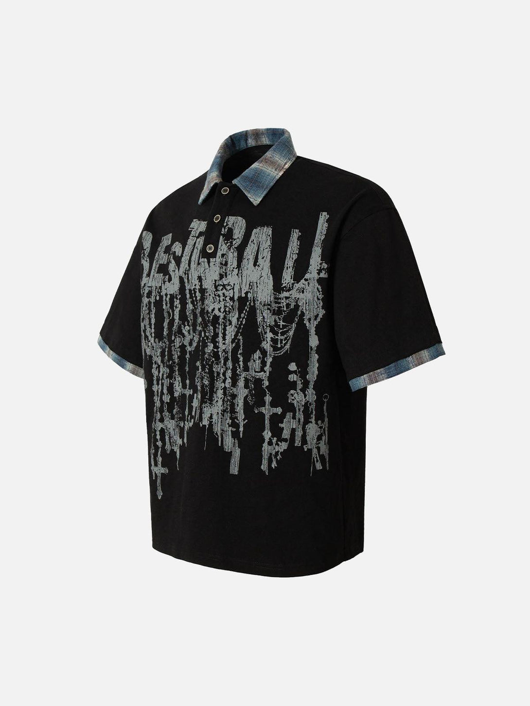 Black polo shirt by TALISHKO featuring a graffiti print and plaid collar, showcasing urban flair.