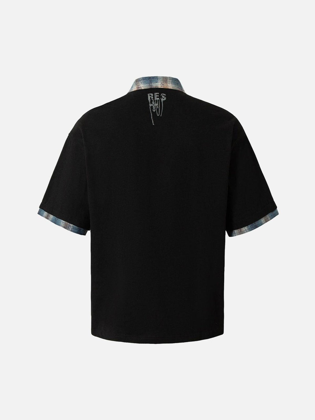 Back view of TALISHKO polo shirt with graffiti detail and plaid accents, highlighting urban style.