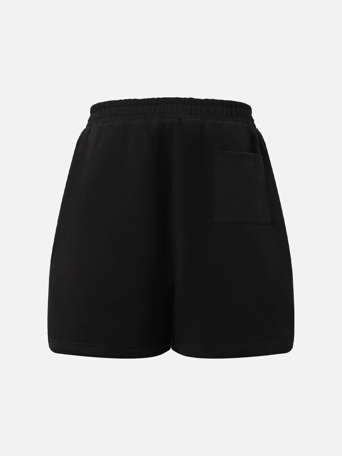 Back view of TALISHKO black drawstring shorts showcasing a pocket for relaxed street style.