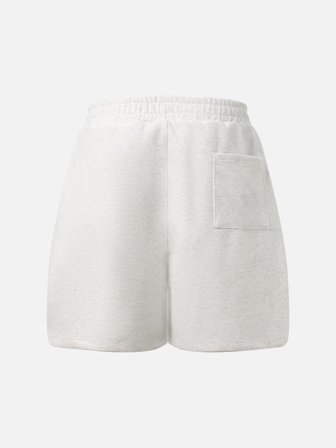 Back view of white TALISHKO drawstring shorts featuring a single pocket for casual summer style.