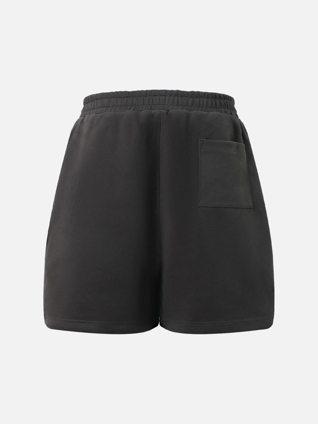 Back view of black TALISHKO drawstring shorts featuring a stylish pocket for casual wear.