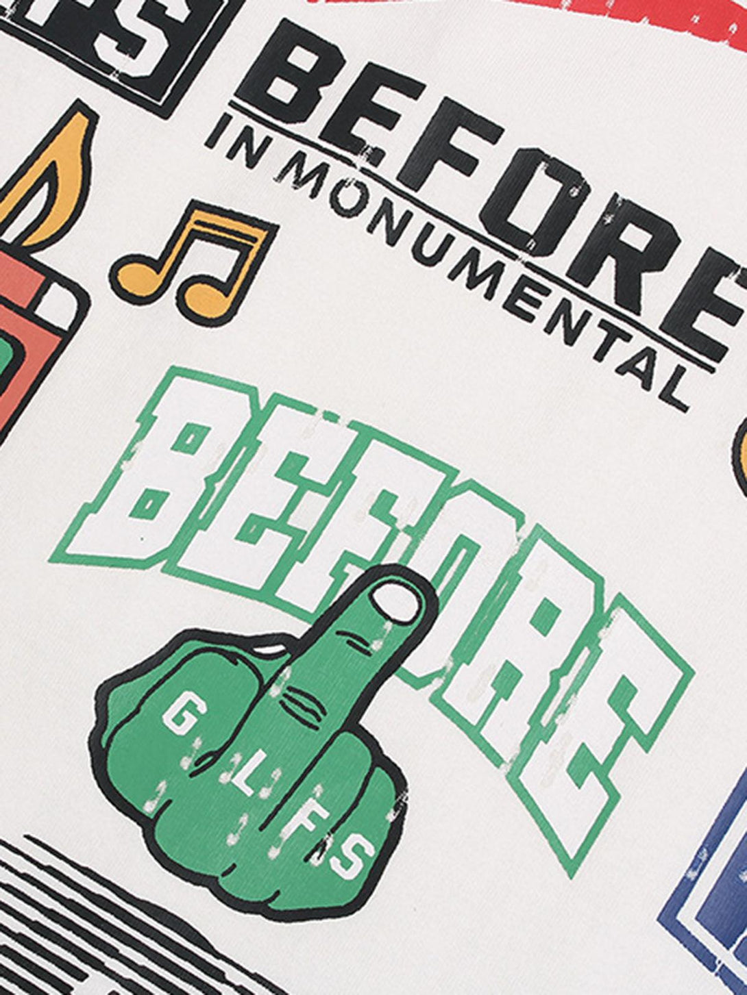 A close-up of a TALISHKO street graphic print T-shirt, showcasing playful and bold designs.