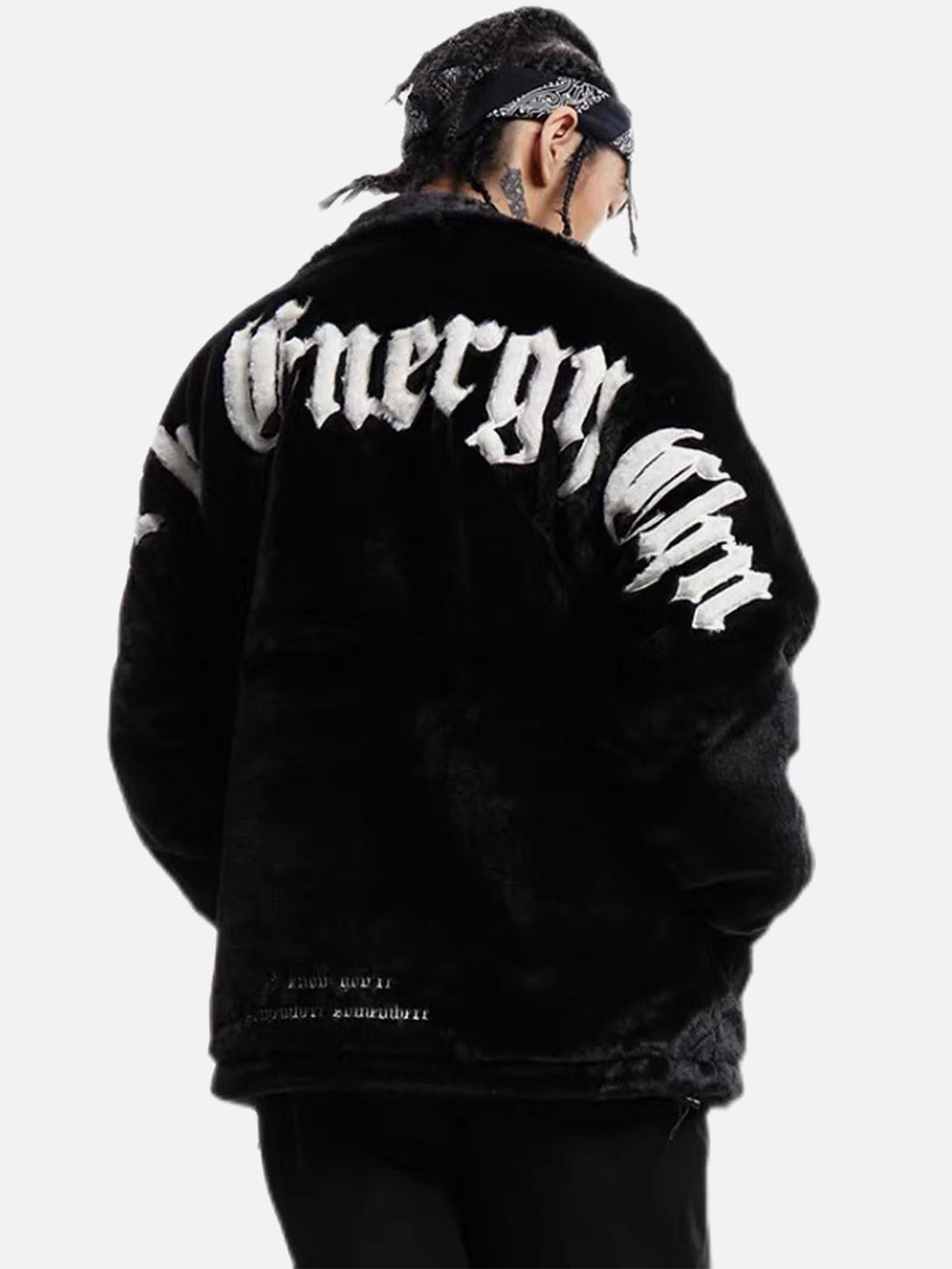 Back angle of TALISHKO's fleece jacket showcasing bold lettering and urban style.