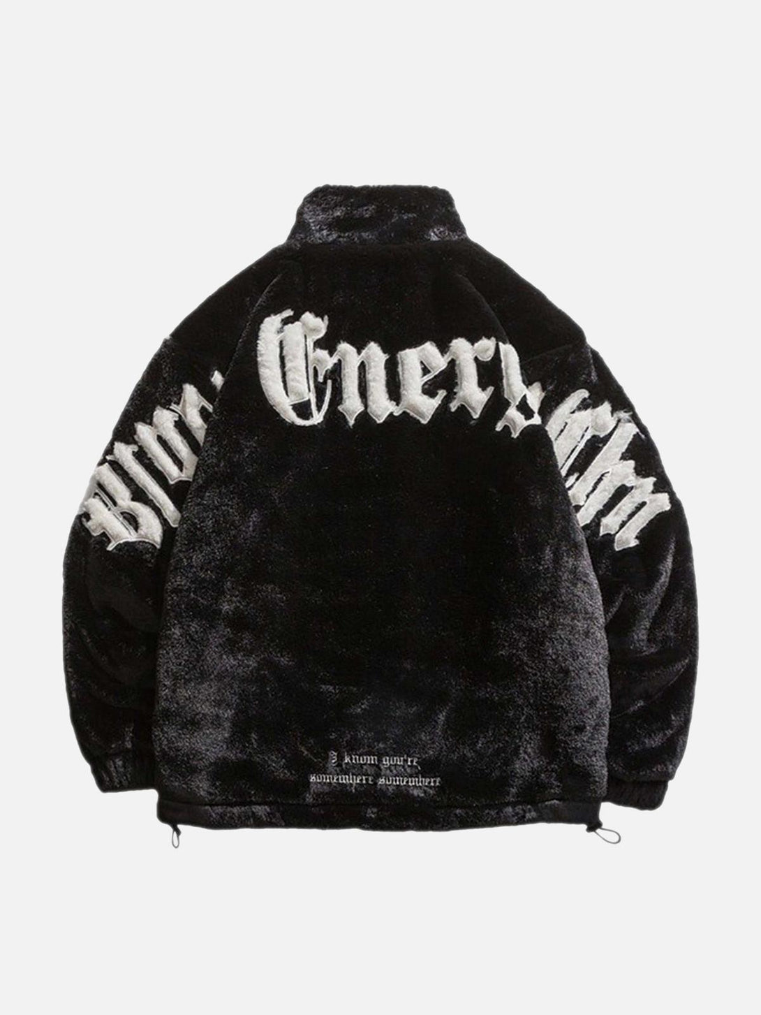 Back view of TALISHKO's fleece jacket with bold street-style embroidery in contrasting white.